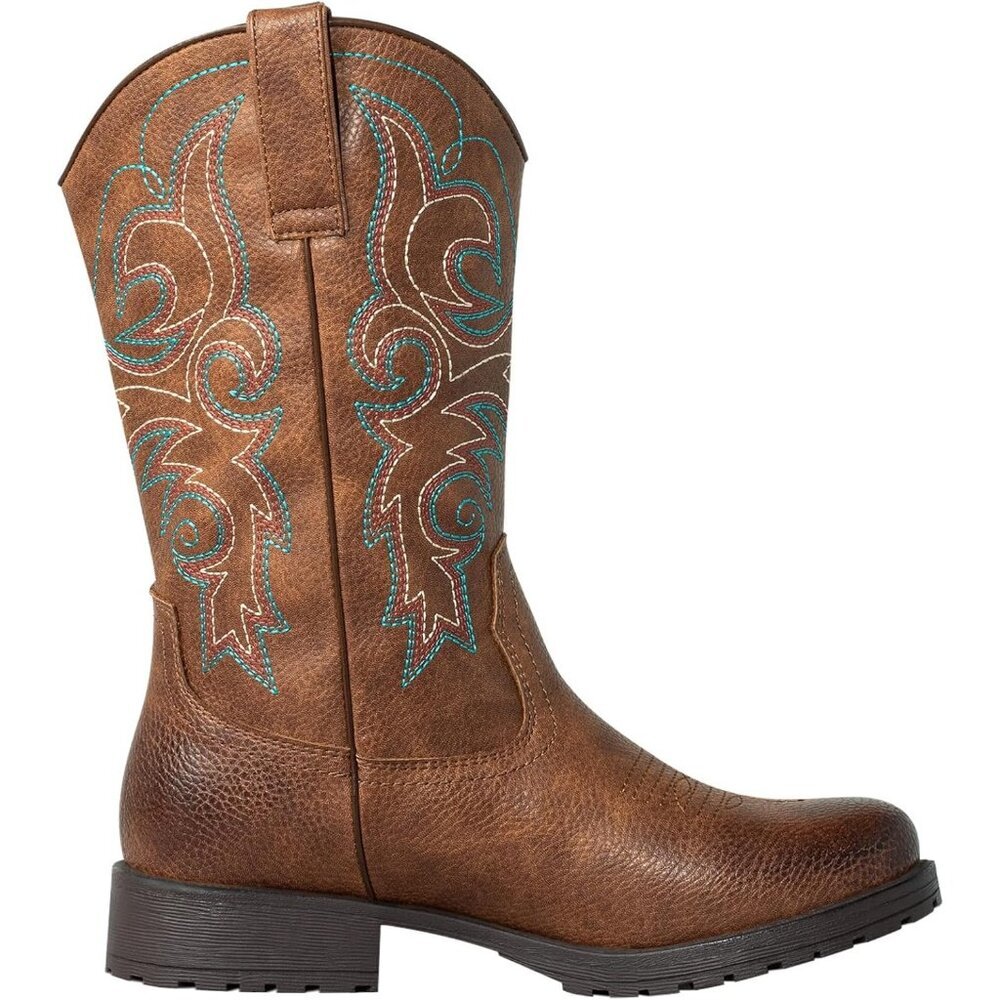 Women's Brown Leather Embroidered Square Toe Western Knee High Cowgirls Boots - Picture 6 of 9
